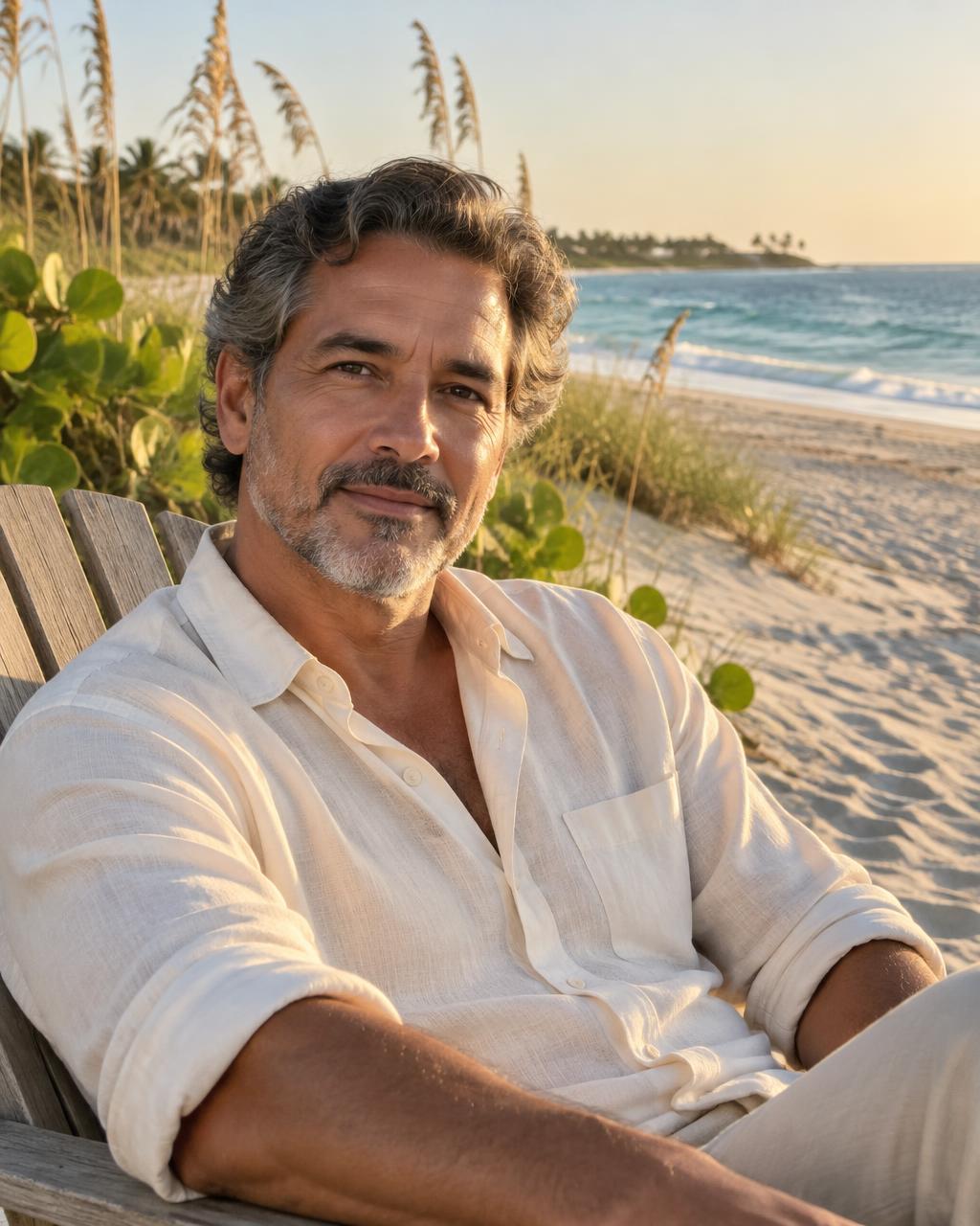 A man in his mid fifties resting on a Jupiter beach lounger in late afternoon light
