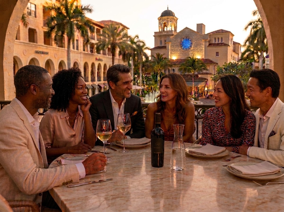 Six culturally diverse friends sharing dinner and conversation in a CityPlace inspired plaza
