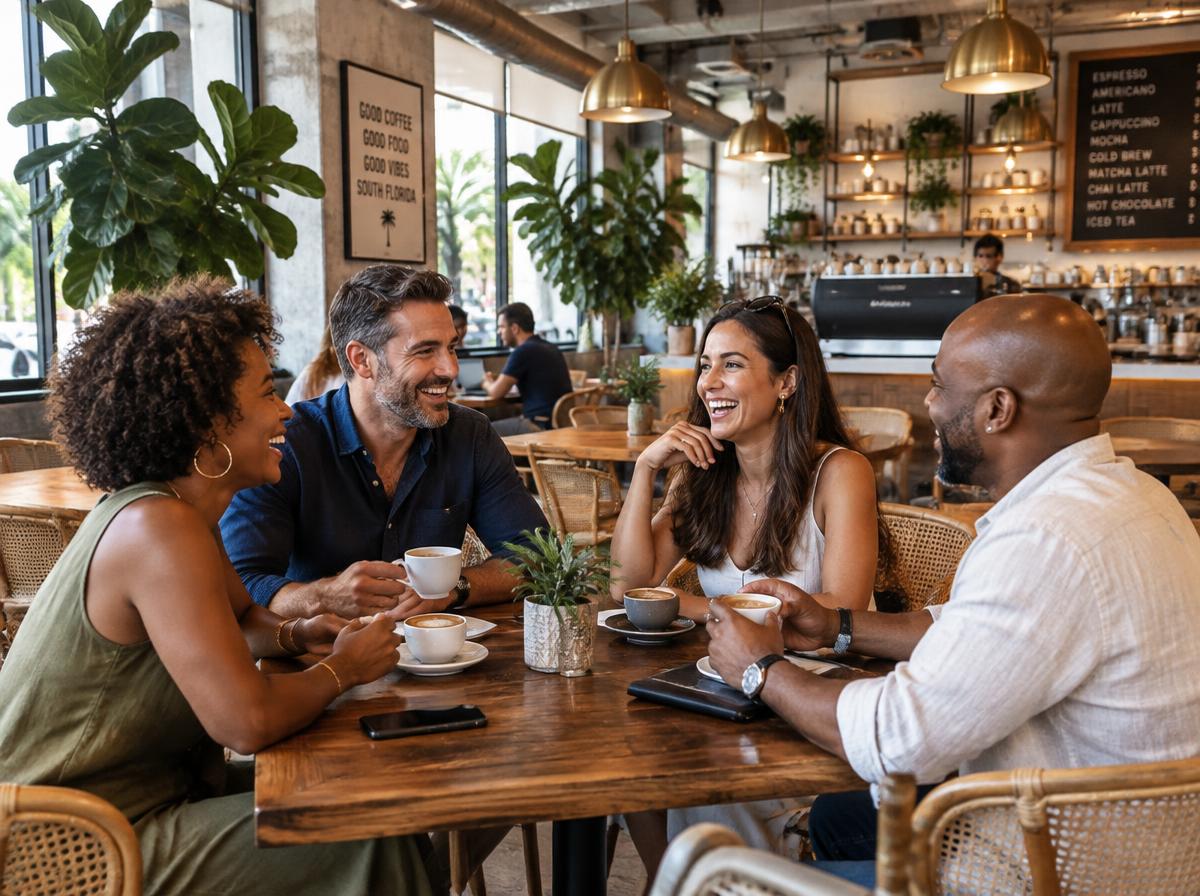 Culturally diverse friends enjoying coffee in a modern West Palm Beach coffee shop