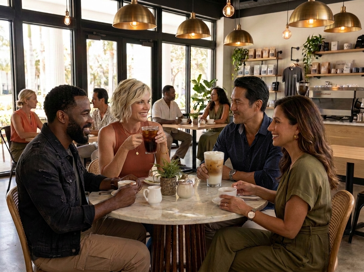 Culturally diverse couples in their forties enjoying coffee together in Palm Beach