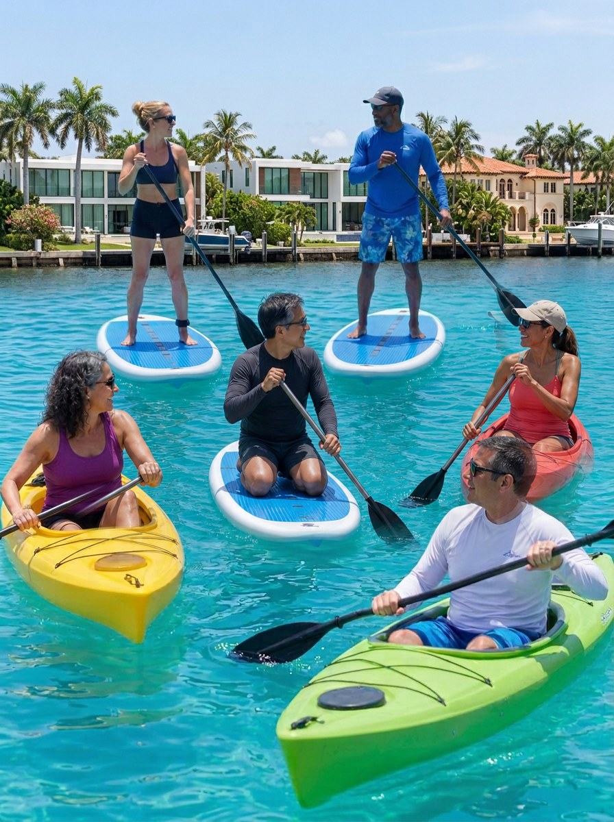 Culturally diverse friends in their forties out on paddleboards and kayaks on calm Palm Beach water