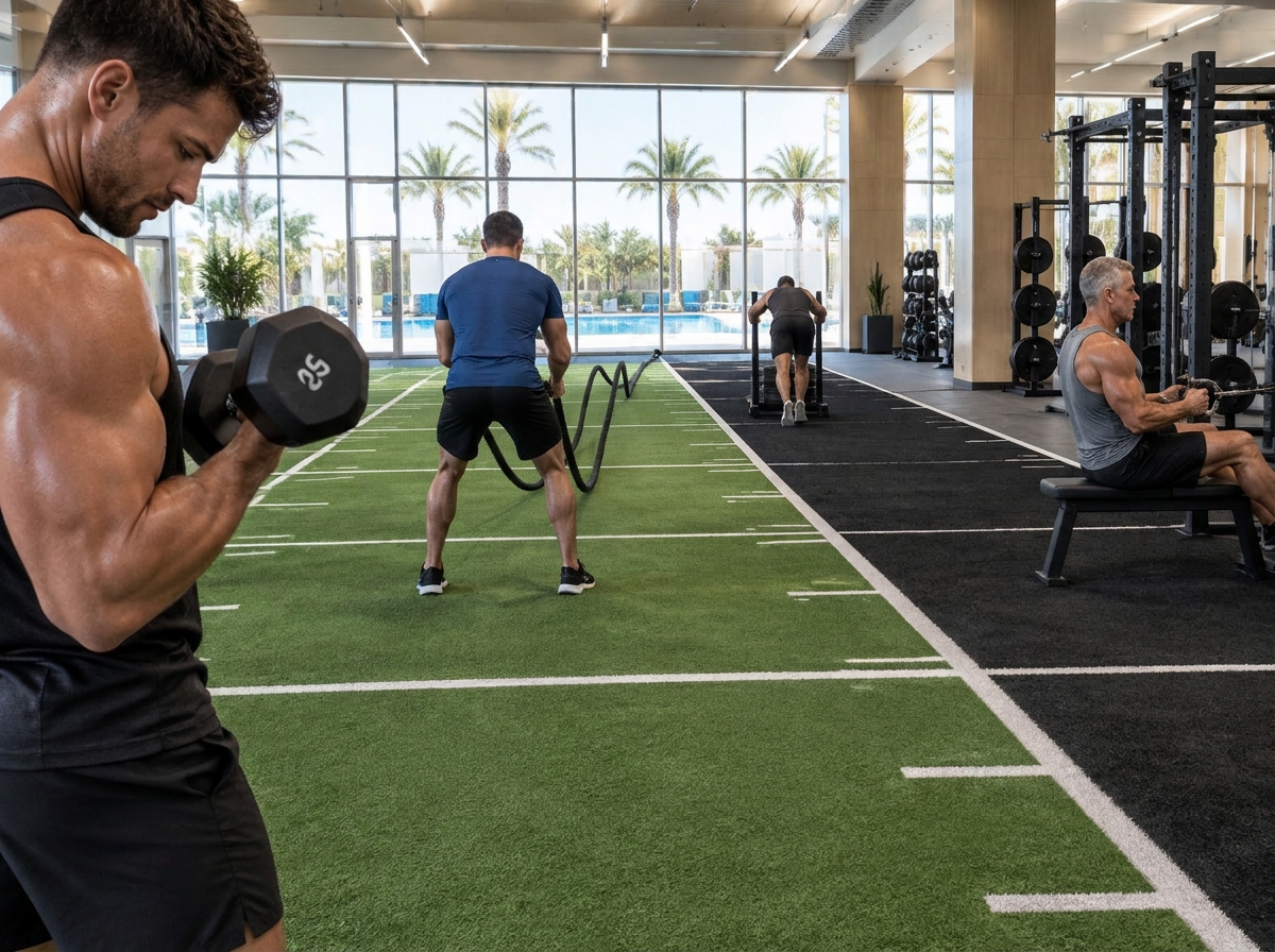 Men in their forties, fifties, and sixties completing a strenuous strength workout together in Palm Beach
