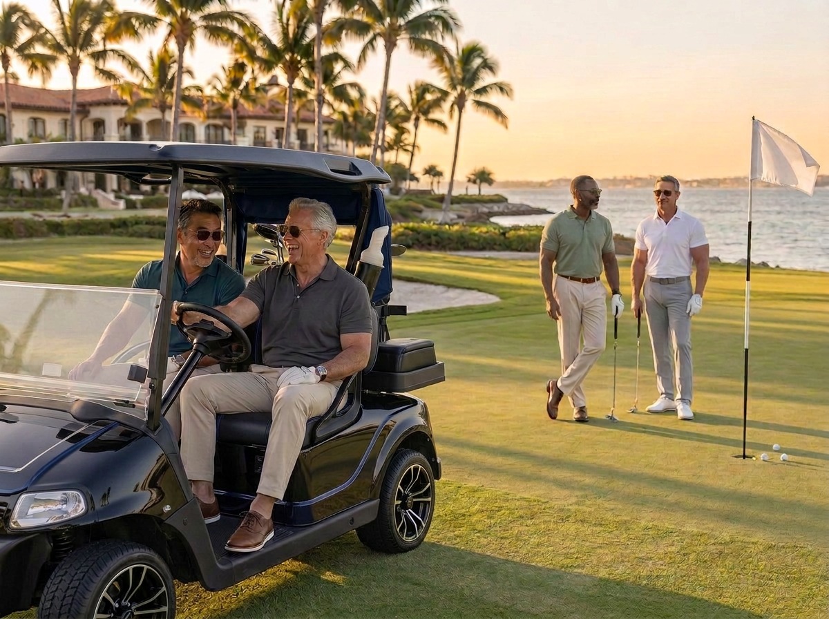 Men in their forties, fifties, and sixties laughing together after golf in Palm Beach