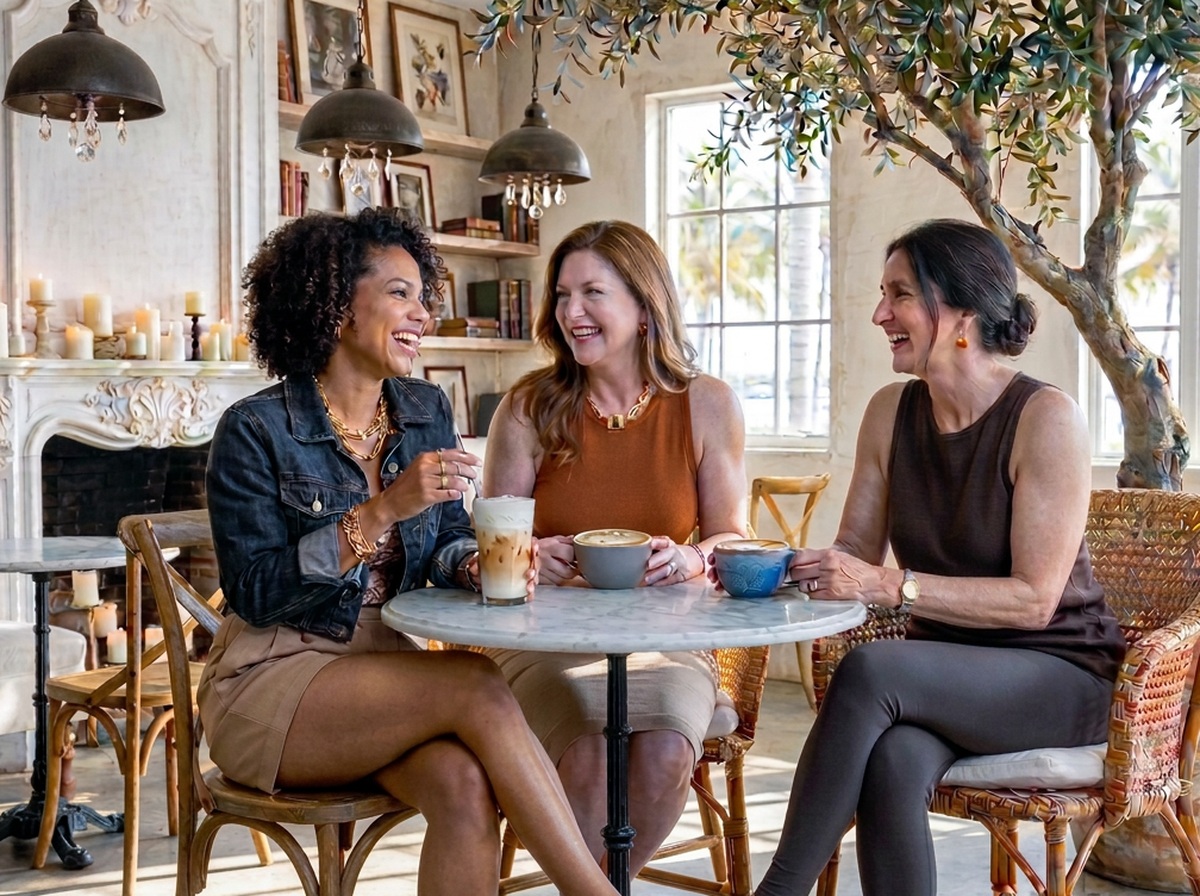 Women in their forties, fifties, and sixties laughing over coffee in Palm Beach