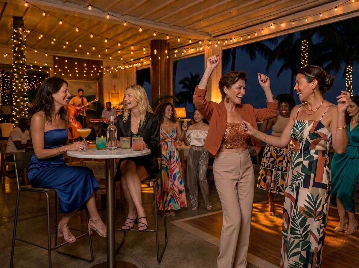 Women in their forties, fifties, and sixties enjoying dinner together in Palm Beach
