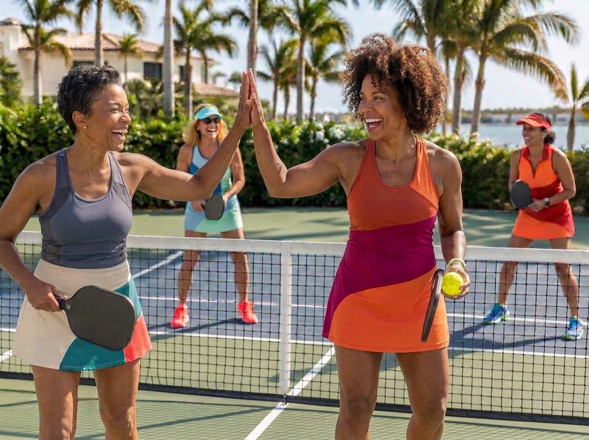 Women in their forties, fifties, and sixties laughing together on a Palm Beach pickleball court
